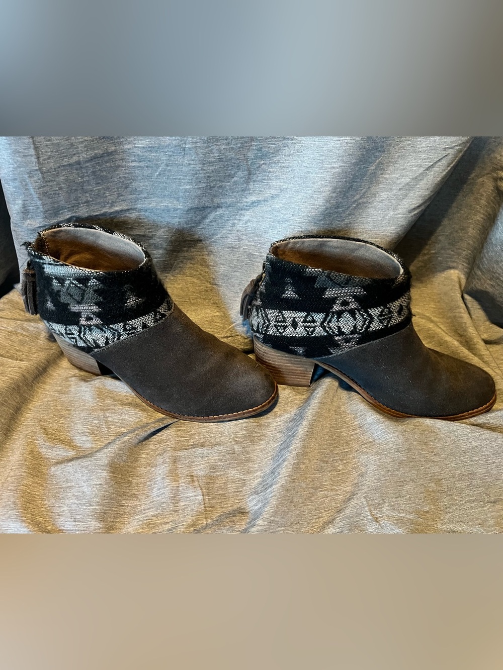 Toms Black Suede Ankle Booties with Patterned Cuff